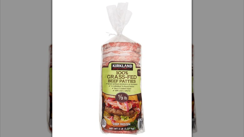 Plastic bag of frozen Kirkland Signature Grass-Fed Beef Patties