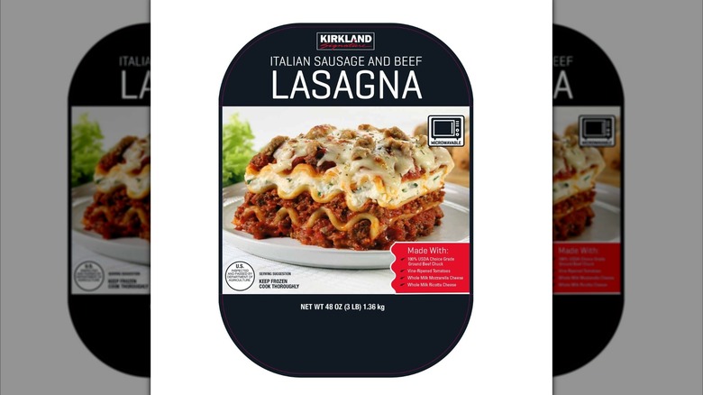Black package of Kirkland Signature Italian Sausage and Beef Lasagna from Costco