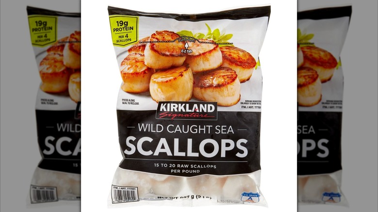 Bag of frozen Kirkland Signature Raw Sea Scallops from Costco