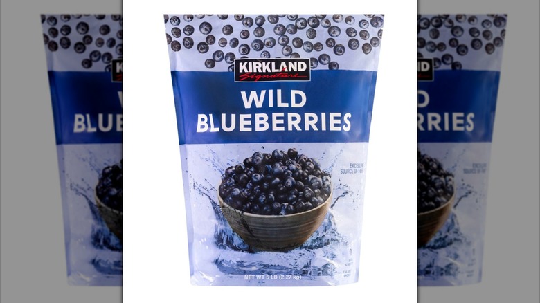 Blue bag of frozen Kirkland Signature Wild Blueberries