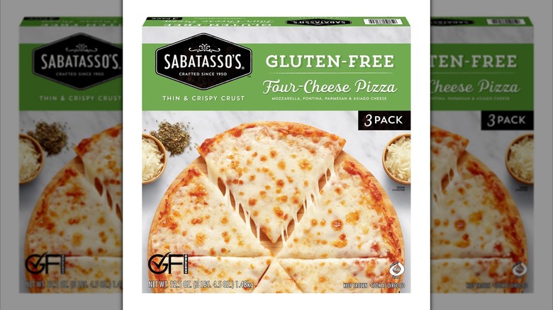 Box of frozen Sabatasso's Gluten-Free Four-Cheese Pizzas