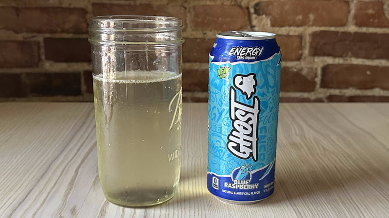 Blue Raspberry Ghost energy drink in mason jar