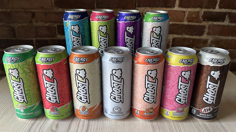 Ghost Energy drinks on wooden table
