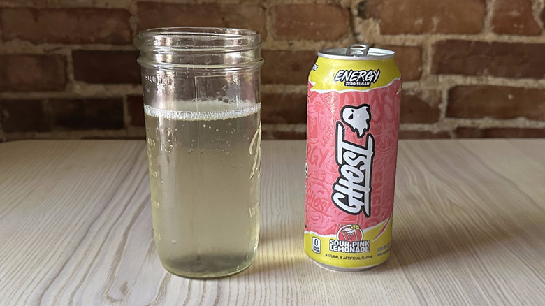 Sour Pink Lemonade Ghost energy in mason jar
