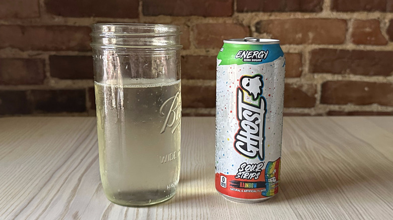 Sour Strips Rainbow Ghost energy drink in mason jar