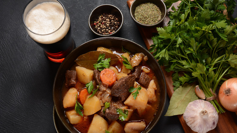 Irish stew surrounded by ingredients