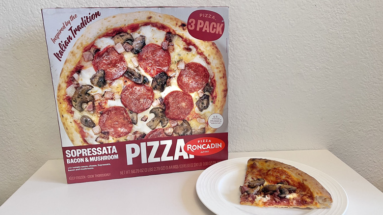 Roncadin sopressata, bacon, mushroom pizza slice