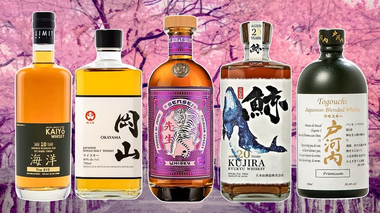 Row of Japanese whisky bottles