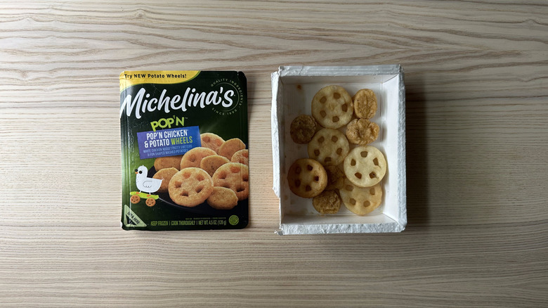 Michelina's Pop'n Chicken and Potato Wheels on wooden table