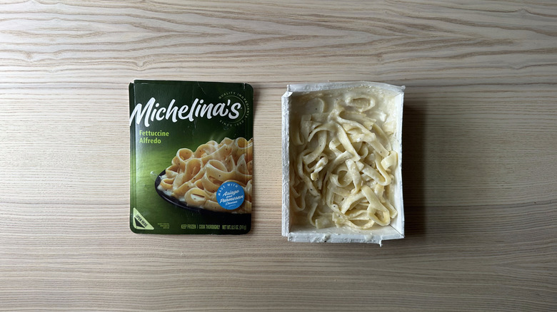 Michelina's Fettuccine Alfredo on wooden table
