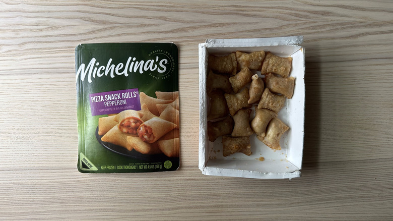 Michelina's Pizza Snack Rolls Pepperoni on wooden table