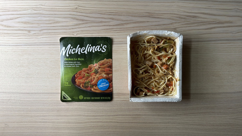 Michelina's Chicken Lo Mein on wooden table