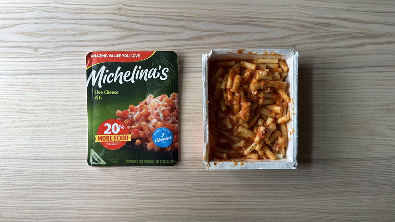 Michelina's Five Cheese Ziti on wooden table