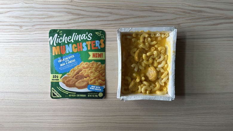 Michelina's Munchsters Chicken Bites with Mac and Cheese on wooden table