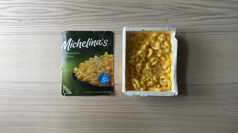 Michelina's Macaroni and Cheese on wooden table