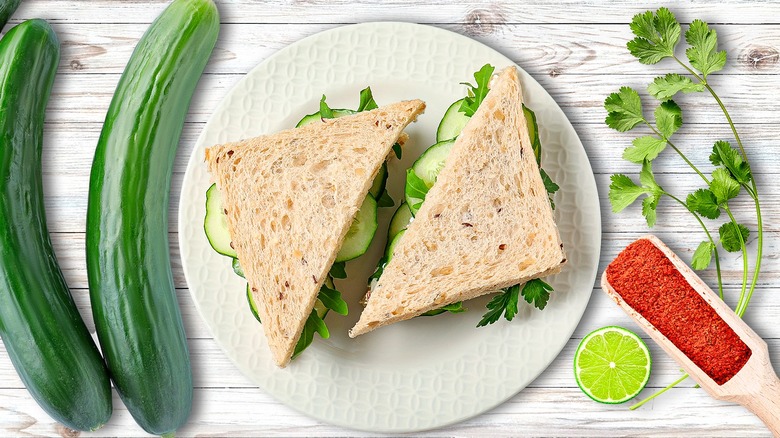 Two triangular cucumber tea sandwiches