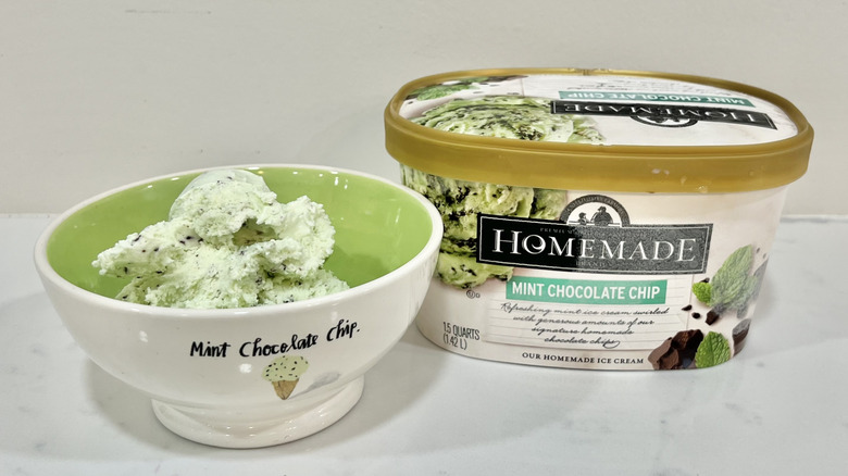 Homemade mint chocolate chip ice cream in a bowl.