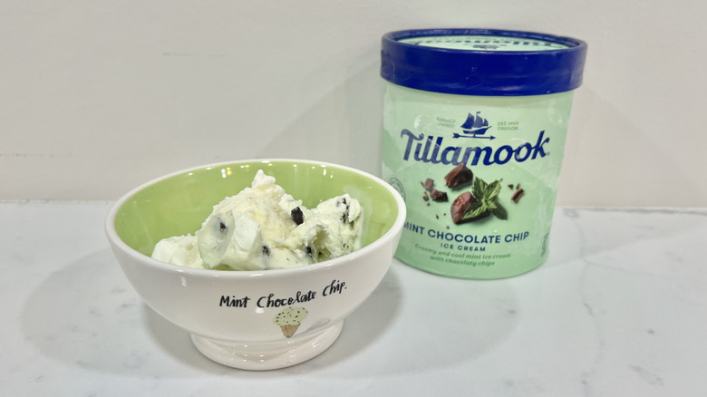 Tillamook mint chocolate chip ice cream in a bowl.