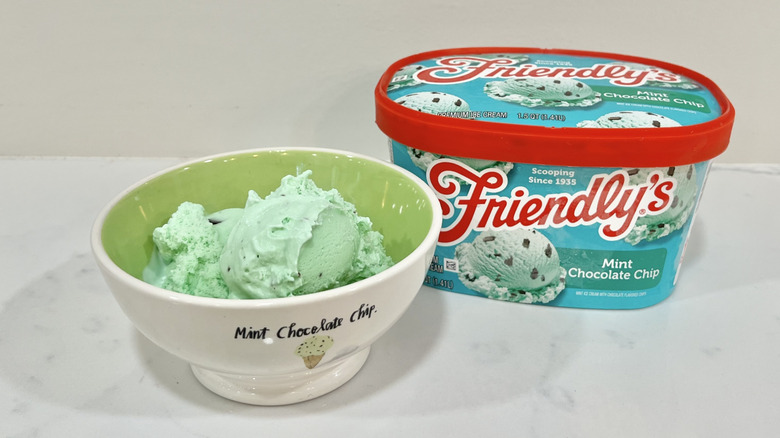 Friendly's mint chocolate chip ice cream in a bowl.