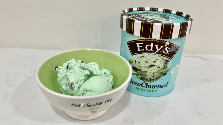 Edy's slow-churned mint chip ice cream in a bowl.