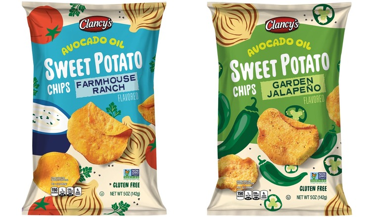 Bags of Clancy's Avocado Oil Sweet Potato Chips in Farmhouse Ranch and Garden Jalapeño