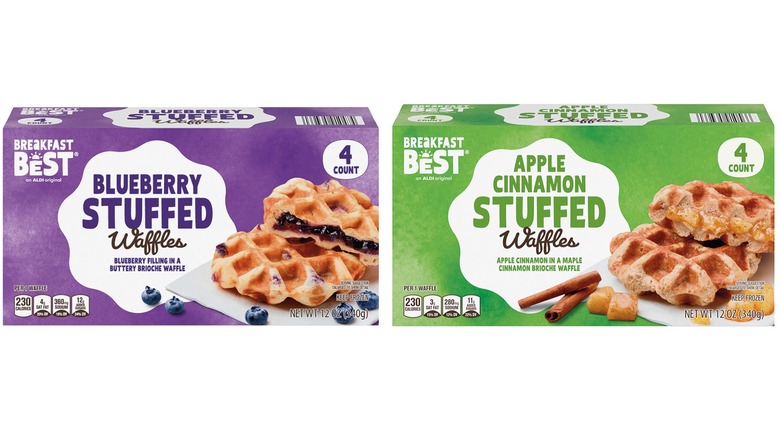 Boxes of Aldi's Breakfast Best Apple Cinnamon and Blueberry Stuffed Waffles