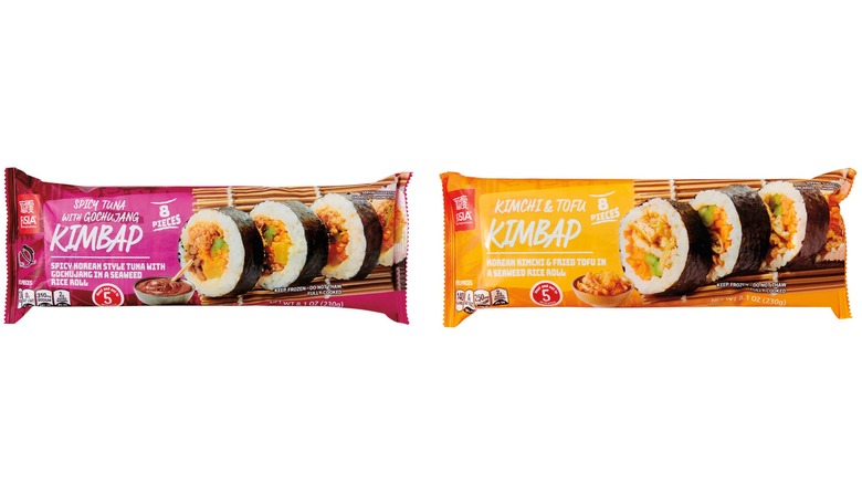 Packages of Aldi's Fusia Asian Inspirations' Frozen Kimbap in Spicy Tuna or Kimchi and Tofu