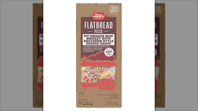 A box of Mama Cozzi's Pit Smoked Beef Brisket Flatbread Pizza