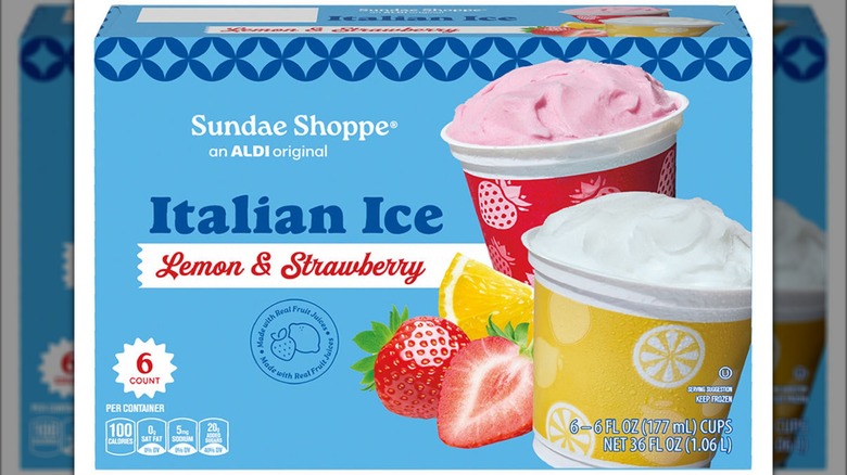 A box of Aldi's Sundae Shoppe Italian Ice in Lemon and Strawberry