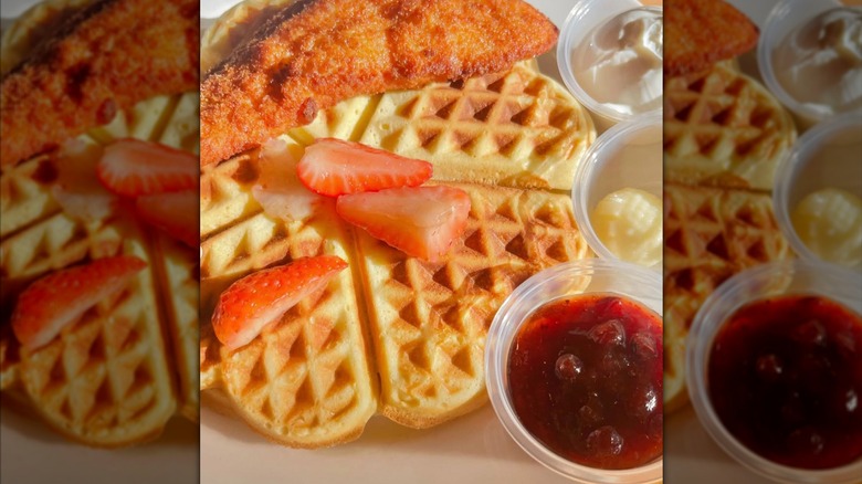 Norwegian waffle topped with strawberry slices at Finn's Cafe in Salt Lake City