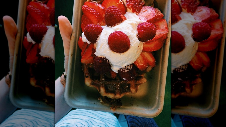 A person holding waffles with berries from Utah eatery