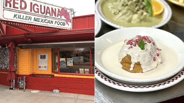Red Iguana red restaurant exterior on the left and Mexican dish on the right