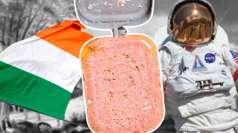 opened can of corned beef, Italian flag waving, astronaut floating