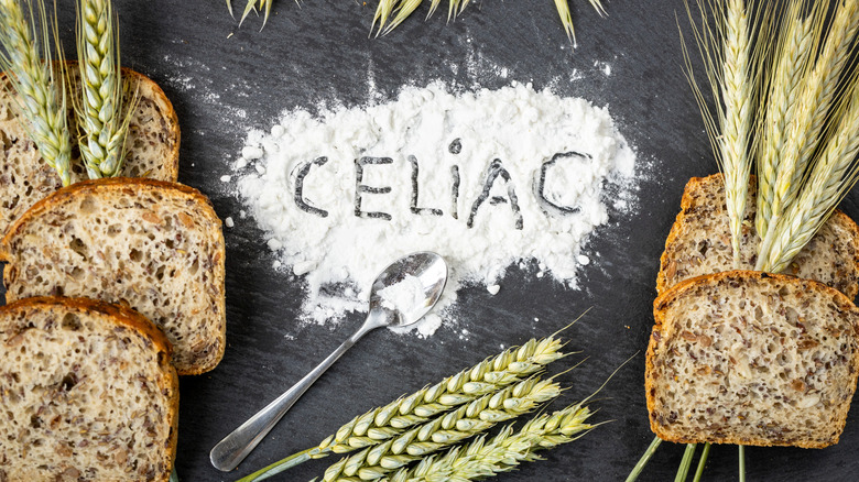 Celiac disease written in flour surrounded by gluten foods
