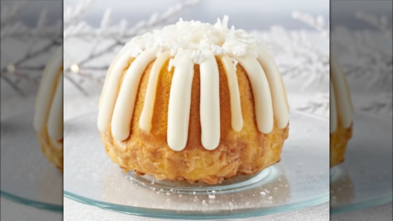 Close up of Coconut Cream Snowflake bundtlet on plate