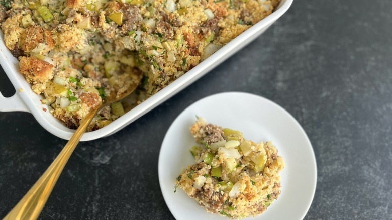 Sausage stuffing in baking dish and on plate