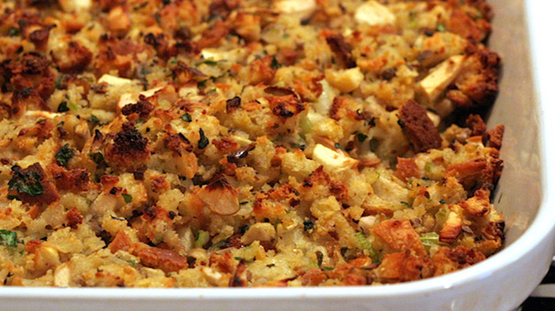 Pumpkin stuffing in white baking dish