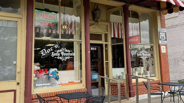 Brick building and front entrance to Doc's Soda Fountain