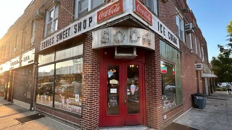 Brick building and exterior of Eddie's Sweet Shop