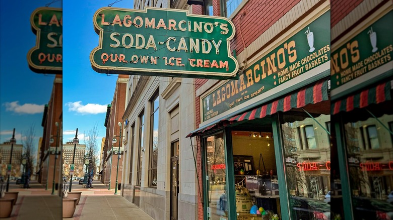 Exterior of Lagomarcino's with neon and green signs
