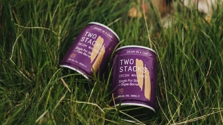 Two purple cans of Two Stacks Irish Whiskey resting in grass.