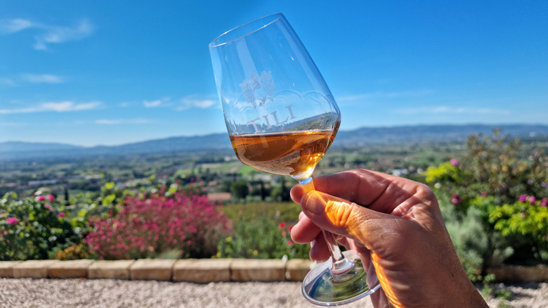 Glass of orange wine with hand holding glass