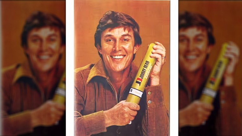 photo of a young Jimmy Dean holding a sausage tube