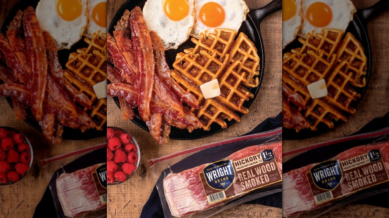 wright brand bacon with waffles and eggs