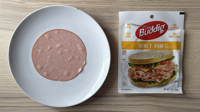 Buddig deli ham on white plate