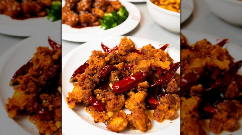 A plate of the Chef's Special dry chili chicken from Lao Sze Chuan in Chinatown of Chicago.