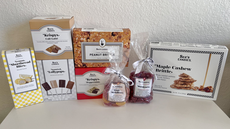 Various See's Candies sweets on a table