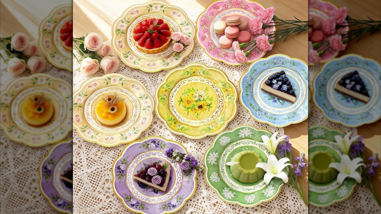 Six vintage floral plates arranged on a table, all but one holding a pastry.
