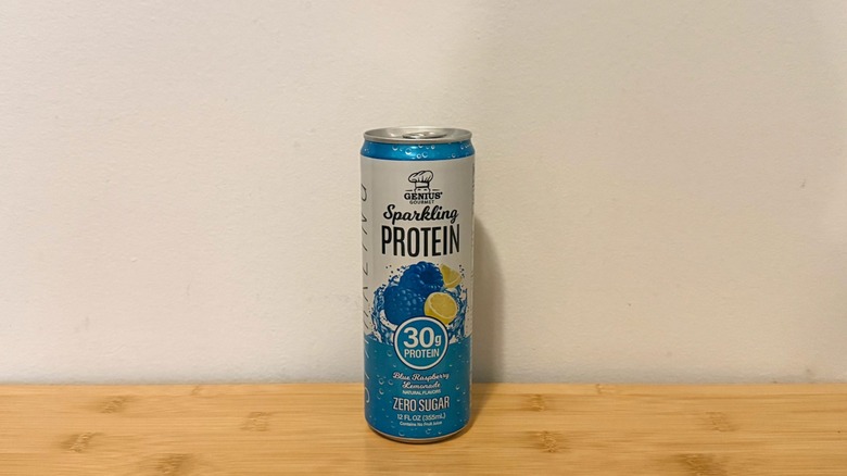 Genius Gourmet: Blue Raspberry Lemonade sparkling protein can on display