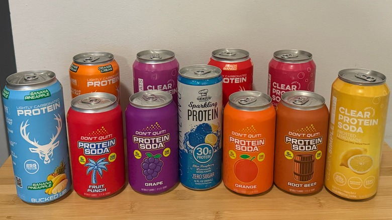 Multiple brands and flavors of protein sodas on display